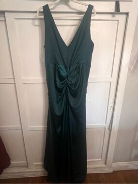 David's Bridal Teal Satin V-Neck Maxi Dress with Center Twist size 22